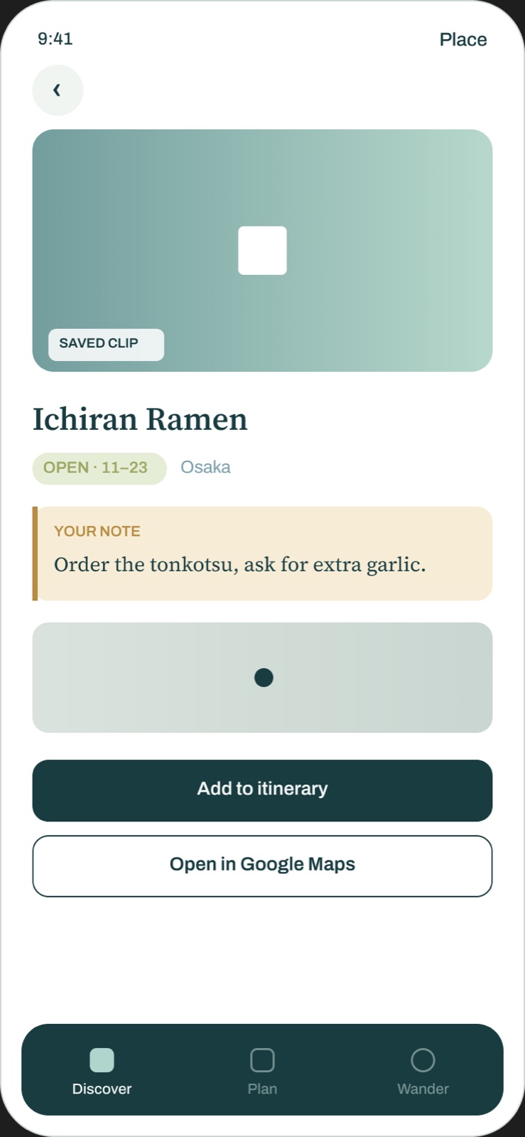 Roam Place detail screen wireframe
