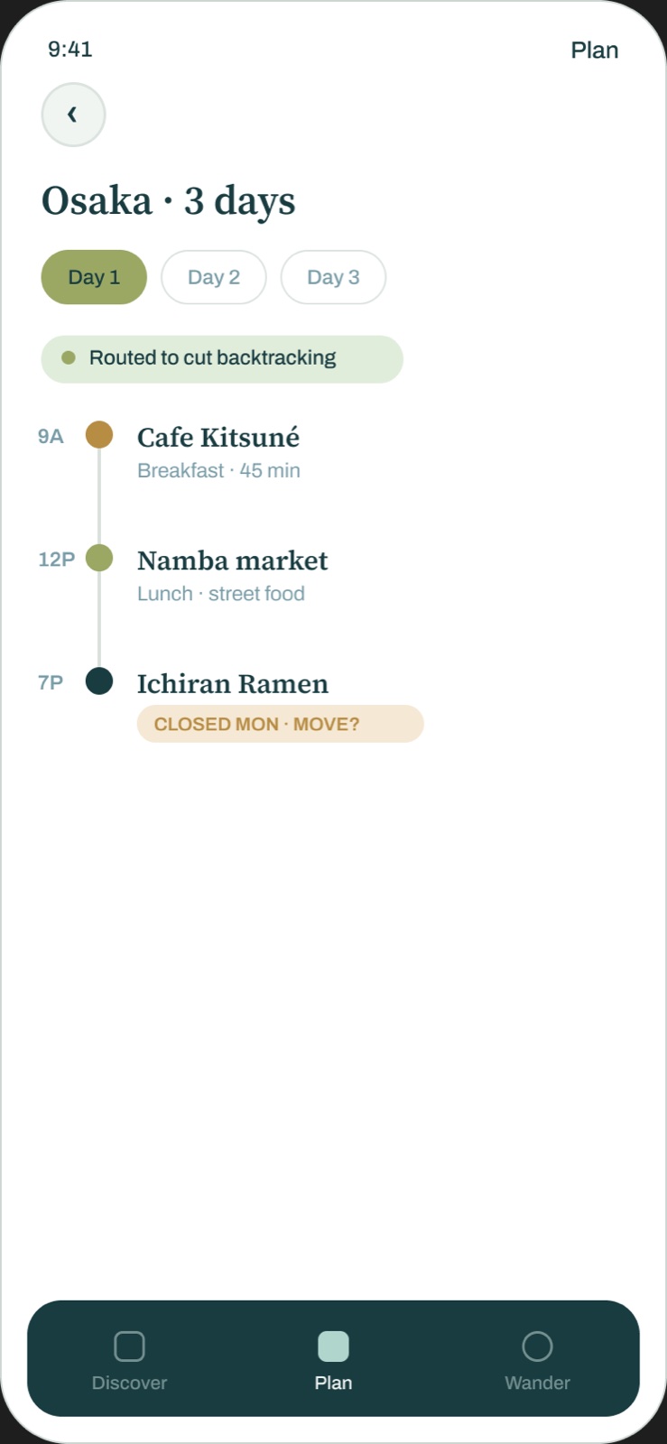Roam Plan and itinerary screen wireframe